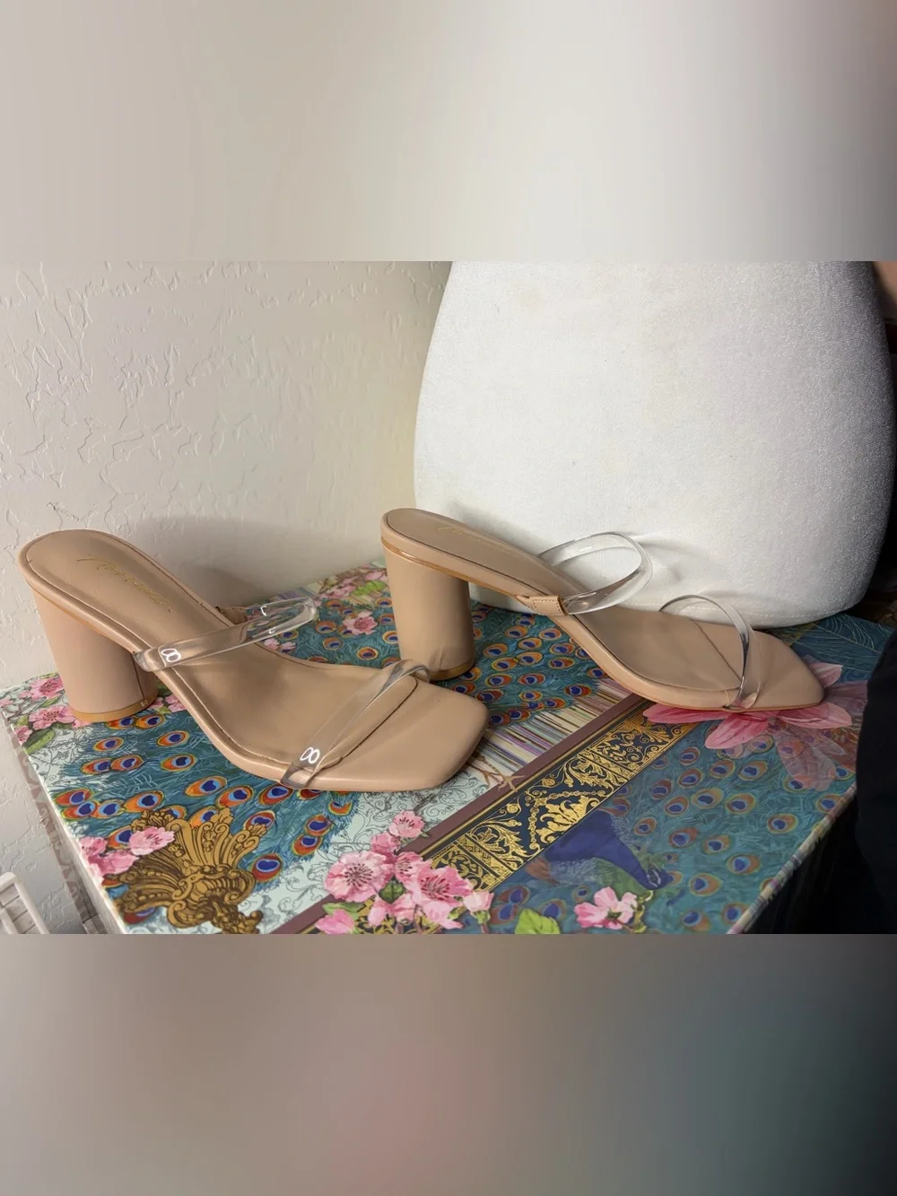 Arromic Nude Clear Two Strap Square Open Toe Chunky Block Heels - Size 7